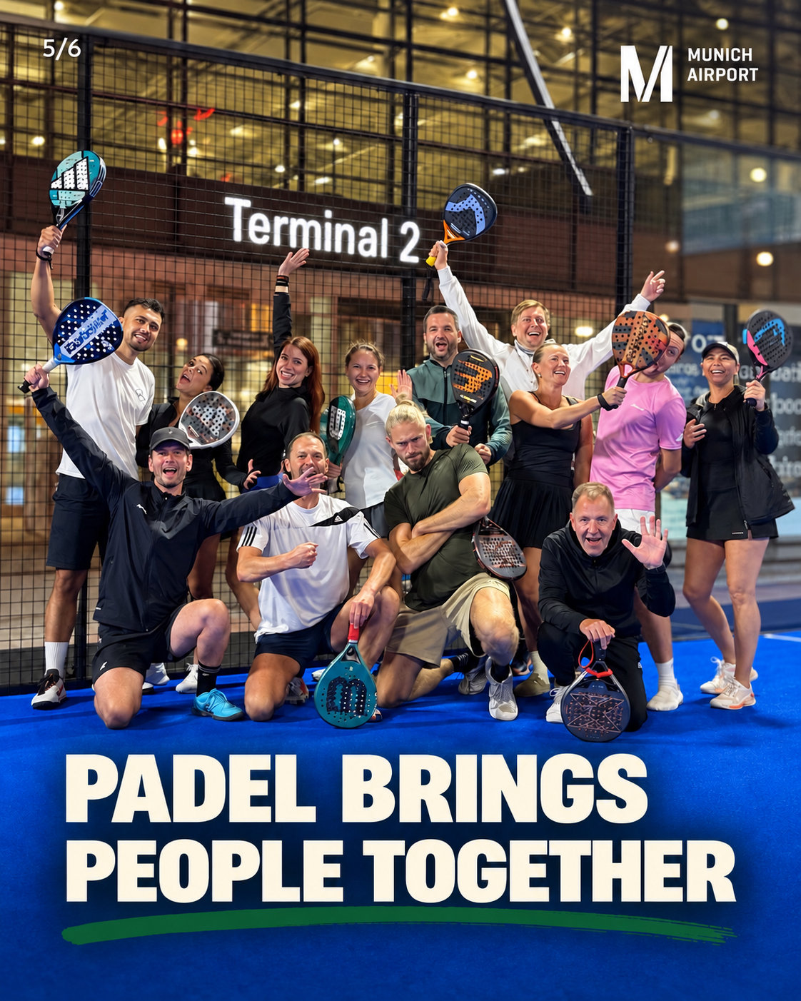 The Americano Club group celebrating together on court, rackets raised: padel brings people together at Munich Airport