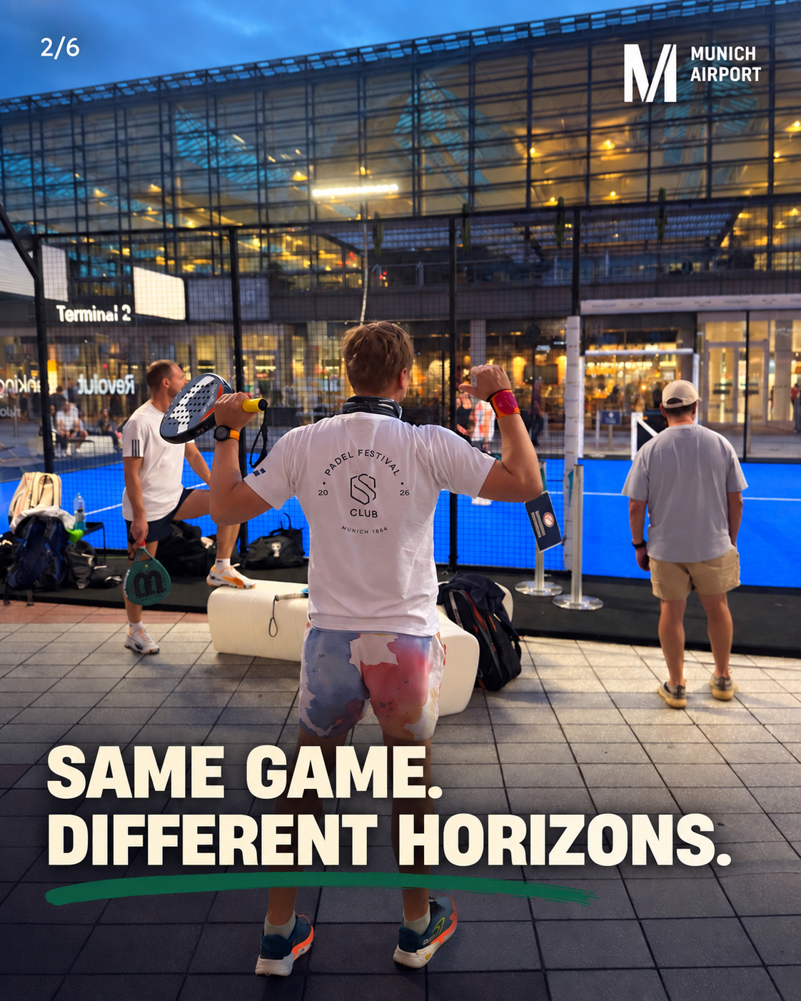 Same game, different horizons: a player warming up on the pop-up court at Munich Airport, Terminal 2